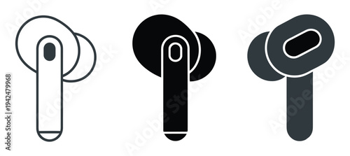 Three styles of wireless earbuds in charging case icon. Outline, solid black, and colored versions, headphone and audio gadget symbols