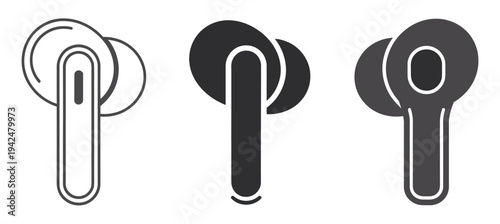 Three styles of wireless earbuds in charging case icon. Outline, solid black, and colored illustrations, audio device symbols, music and technology concept