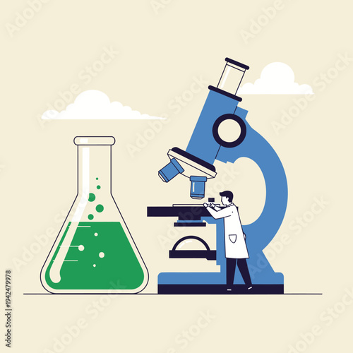 Scientist examining sample under microscope next to flask with green liquid, science research concept