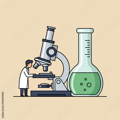 Scientist examining sample under microscope next to flask with green liquid, laboratory research concept