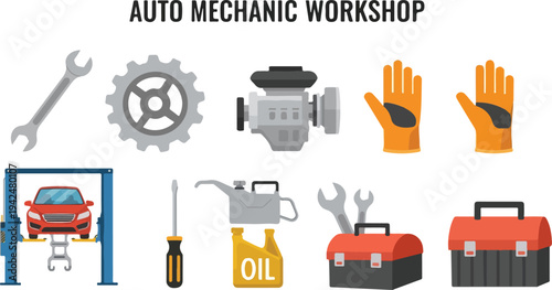 Image features repair tools wrench gear engine gloves lift with car screwdriver oil can toolbox
