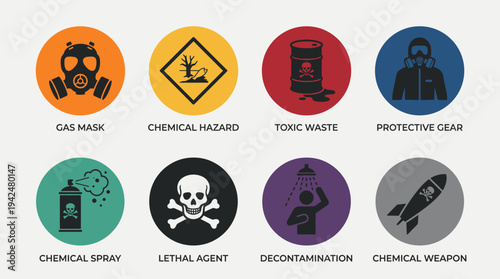 Chemical Warfare Vector Icons Flat Military Hazard Units