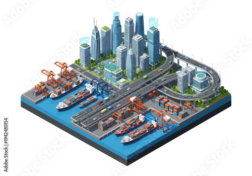 A digital illustration depicts a port city with container ships cranes roads and buildings