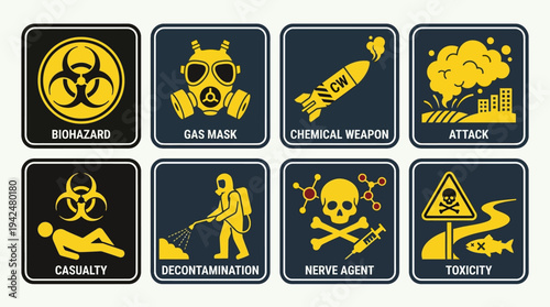 Chemical Warfare Vector Icons Flat Military Hazard Units