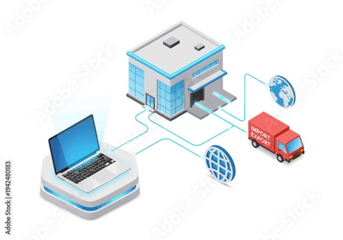 A laptop connects to a building two globes and a red truck labeled import export