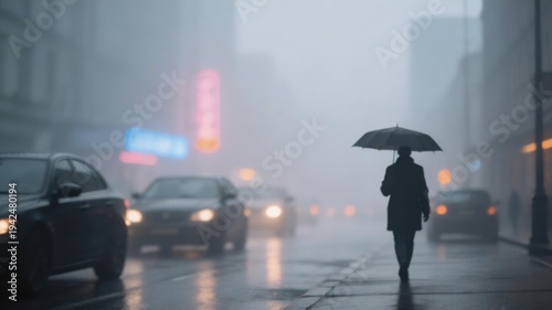City Stroll in Mist: A solitary figure, umbrella in hand, navigates a misty city street. The scene evokes a sense of solitude and introspection amidst urban life. 