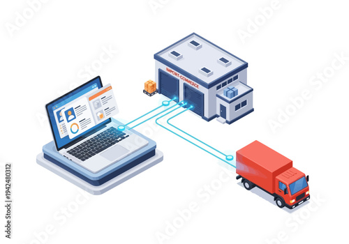 A laptop warehouse and truck are interconnected via blue lines The laptop displays data and graphics The warehouse has a logo