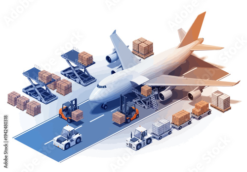 A large airplane with loading and unloading logistics