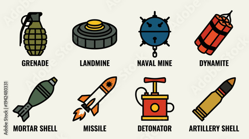 Explosives Warfare Vector Icons Flat Military Bomb Devices