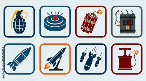  Explosives Warfare Vector Icons Flat Military Bomb Devices
