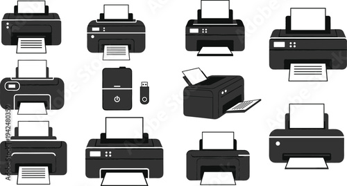 Printer device icon collection featuring office inkjet and laser printers with paper sheets, wireless printing equipment and workplace technology vector set