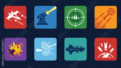 Space Warfare Vector Icons Flat Military Satellites Weapons