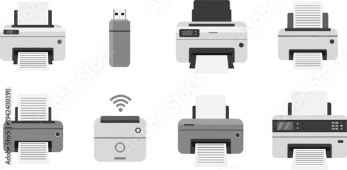 Office printer and wireless printing device icon set featuring inkjet and laser printers with paper documents and connectivity technology vector illustration