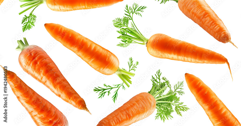 Fototapeta premium Bunches of fresh orange carrots with green tops arranged in a scattered layout isolated on white background, organic healthy food