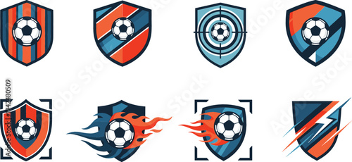 Soccer shield badge collection with football balls, flames, lightning and target elements, modern sport team logo emblems for tournament, club branding, and competition design
