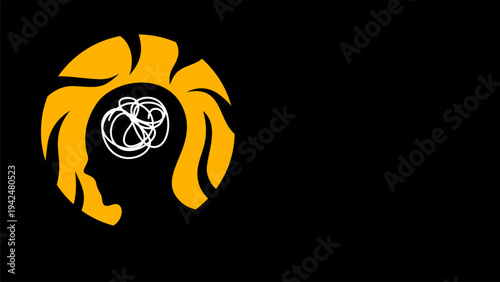 Black Background With Golden Lion Mane Icon And Abstract White Scribble Lines