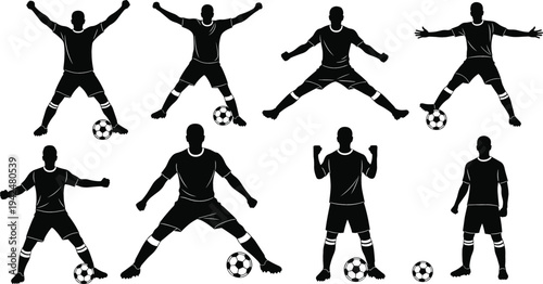 Soccer player silhouettes set with football ball in different action poses, athletic sport figures collection for team training, match celebration, and competition design