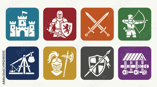Medieval Warfare Vector Icons Flat Knights Weapons Armor