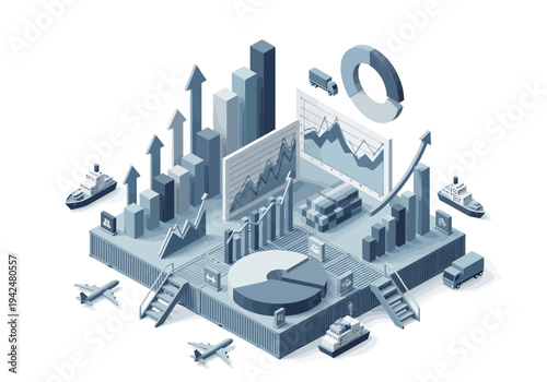 A stylized illustration featuring graphs charts containers airplanes trucks and ships arranged in a dynamic manner
