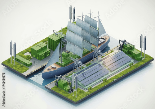 A stylized illustration depicts a cargo ship docked with solar panels shipping containers and sails raised