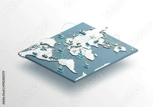 A stylized world map with transport vehicles interconnected by colored lines on a blue surface