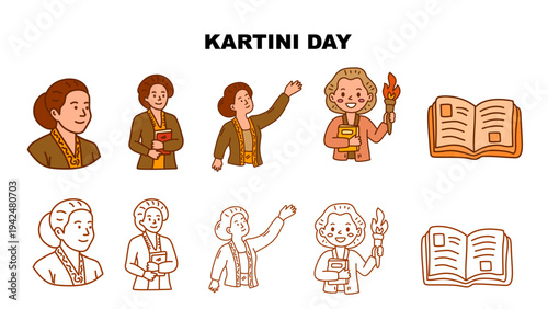 Kartini Day Set Featuring Indonesian Women In Kebaya And Educational Book Symbols