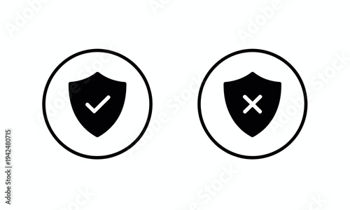 Shield Icon with Check and Cross in Circular Outline Showing Protection Threat Safe Unsafe Symbol Vector Illustration