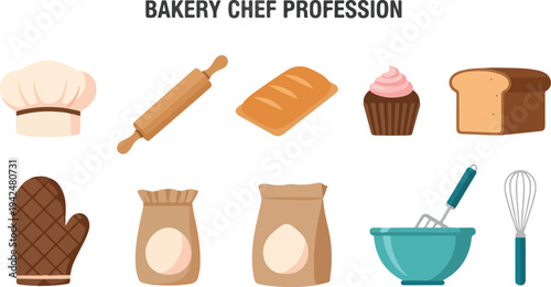 Image showcases bakery tools chef hat rolling pin bread loaf cupcake bread slice mitt flour bags bowl spatula whisk