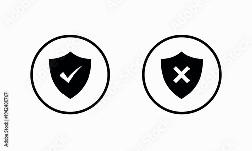 Shield Icon with Check and Cross in Circular Outline Featuring Protection Threat Safe Unsafe Symbol Vector Illustration