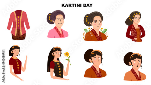 Kartini Day Illustration Set Of Beautiful Indonesian Women Wearing Traditional Kebaya Outfits
