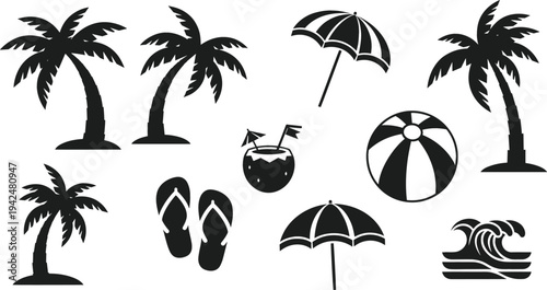 Tropical summer beach silhouette icon set featuring palm trees, beach umbrella, flip flops, coconut drink, ocean waves and beach ball vector illustration