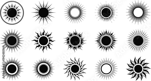 Sunburst and vintage sun rays icon collection featuring radiant solar symbols, retro sunshine shapes and decorative celestial elements vector illustration set