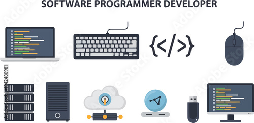 Image showing developer icons including a laptop keyboard code symbols a mouse servers cloud globe USB stick and a monitor