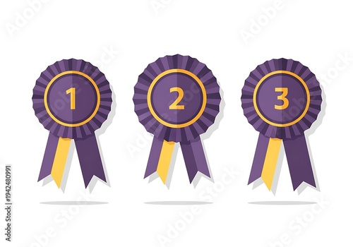 Purple rosettes with gold numbers on white background  award ribbons for first second and third place winners  symbol of achievement and recognition