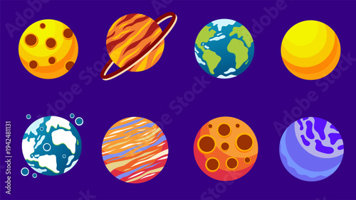 Colorful Cartoon Solar System Planets Collection On Dark Purple Space Background