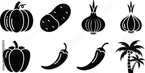 Vegetable and tropical plant silhouette icon set featuring pumpkin, onion, garlic, chili pepper, bell pepper and palm tree agriculture vector illustration
