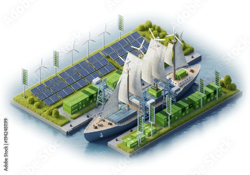An aerial view showcases two sailing cargo ships docked next to solar panels wind turbines and green storage containers on platforms