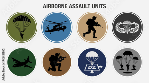 Airborne Assault Vector Icons Flat Military Aircraft Units