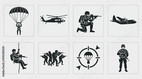 Airborne Assault Vector Icons Flat Military Aircraft Units