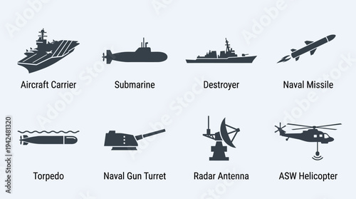 Naval Warfare Vector Icons Flat Military Ships Equipment