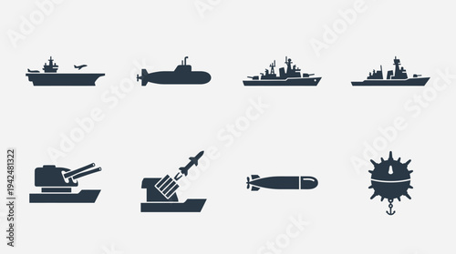 Naval Warfare Vector Icons Flat Military Ships Equipment