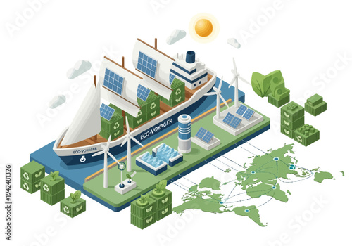 An illustrated isometric view of a sustainable cargo ship with wind turbines solar panels and shipping containers connected to a world map