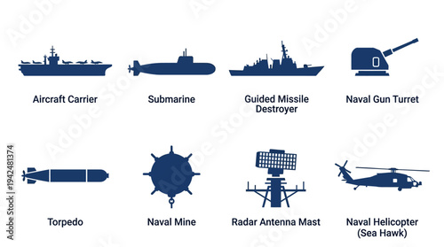 Naval Warfare Vector Icons Flat Military Ships Equipment