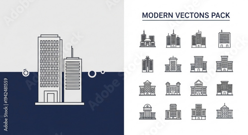 Modern city skyline with various building icons for urban design