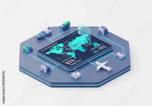 An isometric graphic of global logistics showing data on a screen and various transport icons