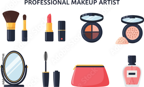 Makeup tools include brushes lipstick eyeshadow compact powder mirror mascara pouch perfume