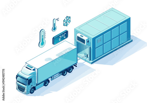 An isometric illustration depicts a refrigerated truck connecting to a cold storage facility