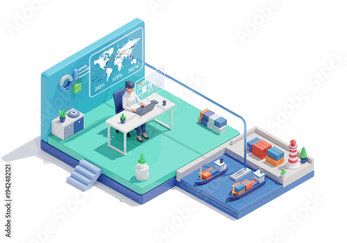 An office scene a person at a desk with a laptop a world map on a screen ships at sea