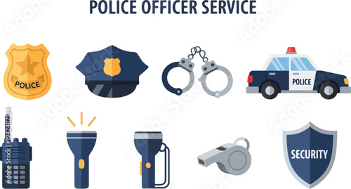Policethemed icons include a badge cap handcuffs car radio flashlights whistle and shield