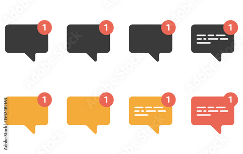 New, message alert icon set with chat bubble and notification badge, flat and outline style symbols, representing mail, SMS, social media, and communication, clean modern flat vector design